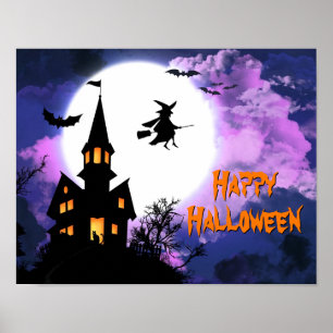 Affiche Scary Haunted Château Volant Sorcière Halloween fê