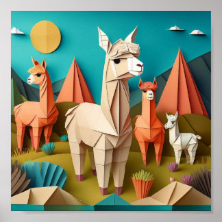Affiche Scène 3D d'art en papier d'alpacas en origami