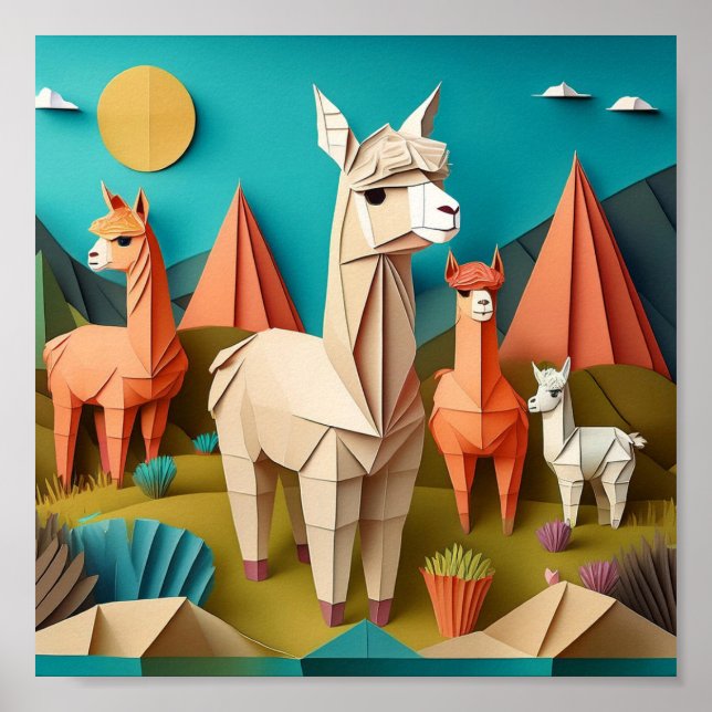 Affiche Scène 3D d'art en papier d'alpacas en origami (Devant)