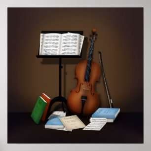 Affiche Scène avec violoncelle et pupitre de musique