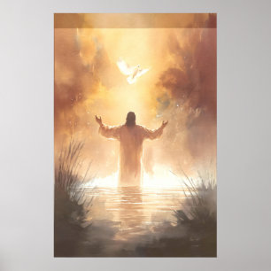 Affiche Scène biblique à l'aquarelle du baptême de Jésus c