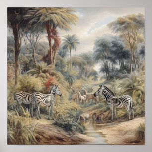Affiche Scène botanique de zèbres dans une oasis