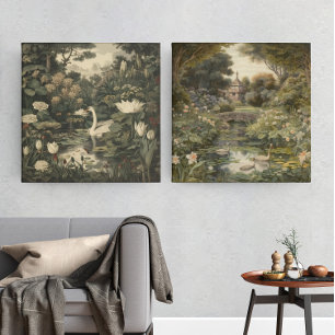 Affiche Scène botanique d'un cygne blanc dans une rivière