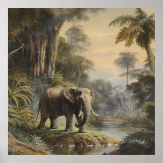 Affiche Scène botanique vintage éléphant par rivière jungl