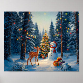 Affiche Scène d'arbre de Noël Cerf Faon Bonhomme de neige 