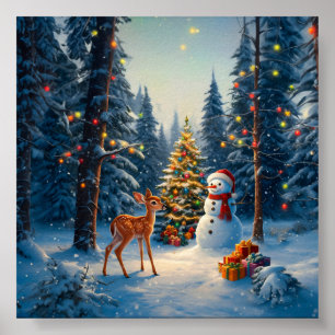 Affiche Scene d'arbre de Noël Cute Deer Fawn Snowman