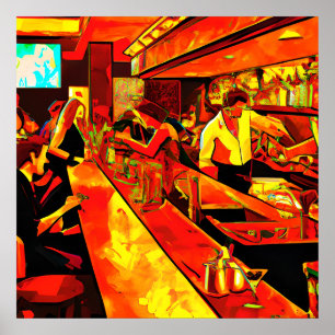 Affiche Scène de bar amusante Barman et clients