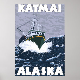 Affiche Scène de bateau de pêche - Katmai, Alaska