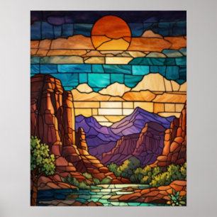 Affiche Scène de désert rétro art de verre teinté montagne