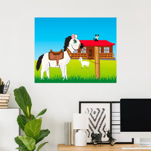 Affiche Scène de ferme de dessin animé avec cheval, chat e