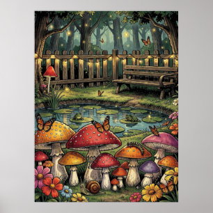 Affiche Scène de forêt Cottagecore Champignons fantaisis