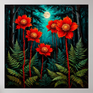 Affiche Scène de forêt enchanteresse Fleurs rouges vibrant
