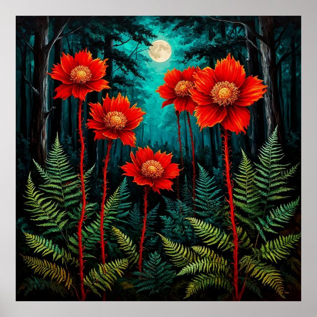 Affiche Scène de forêt enchanteresse Fleurs rouges vibrant (Devant)