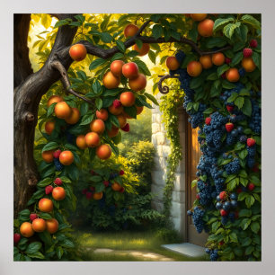 Affiche Scène De Jardin Luxuriante Avec Pommes Et Raisins