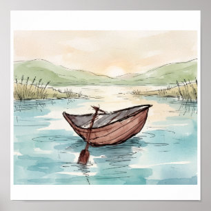 Affiche Scène de lac de bateau en bois à l'aquarelle serei