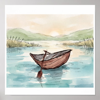 Affiche Scène de lac de bateau en bois à l'aquarelle serei