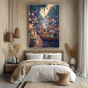 Affiche Scène de marché flottant dans le style pointillist