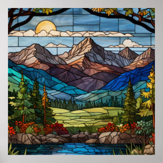 Affiche Scène de montagne boisée en verre teinté vintage