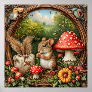 Affiche Scène de nature fantaisiste avec souris, champigno