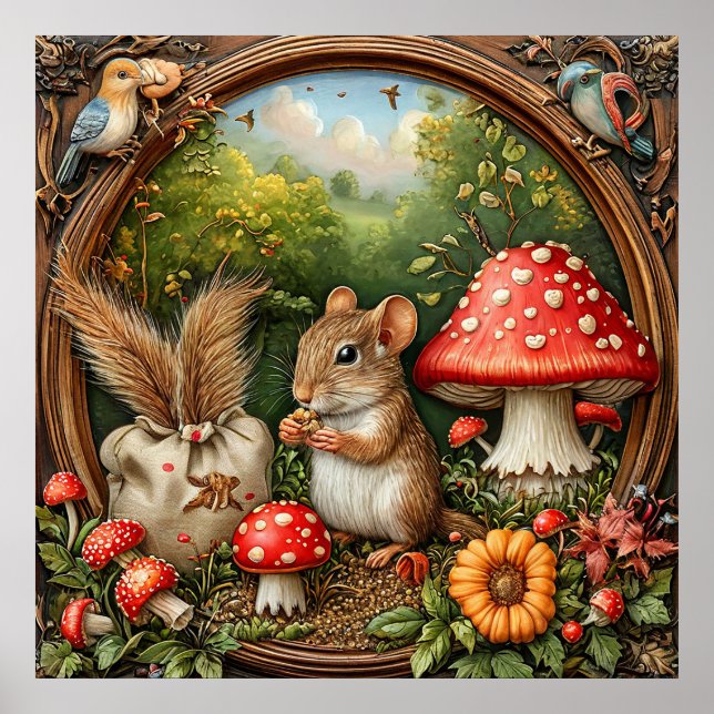 Affiche Scène de nature fantaisiste avec souris, champigno (Devant)