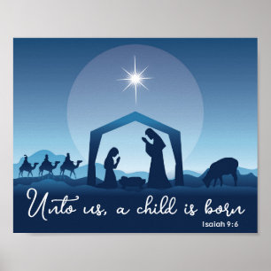 Affiche Scène de Noël religieuse chrétienne bleue de la Na