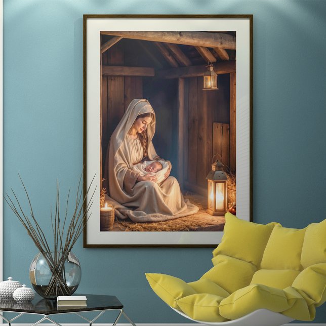 Affiche Scène de Noël rustique de la Nativité Paisible Fêt (Créateur téléchargé)