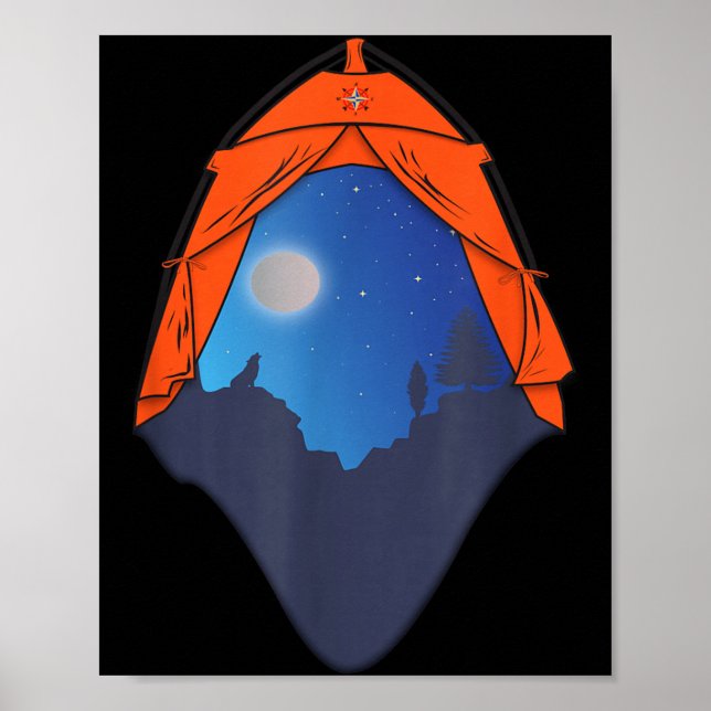 Affiche Scène de nuit de tente de camping _ Loup hurlant à (Devant)