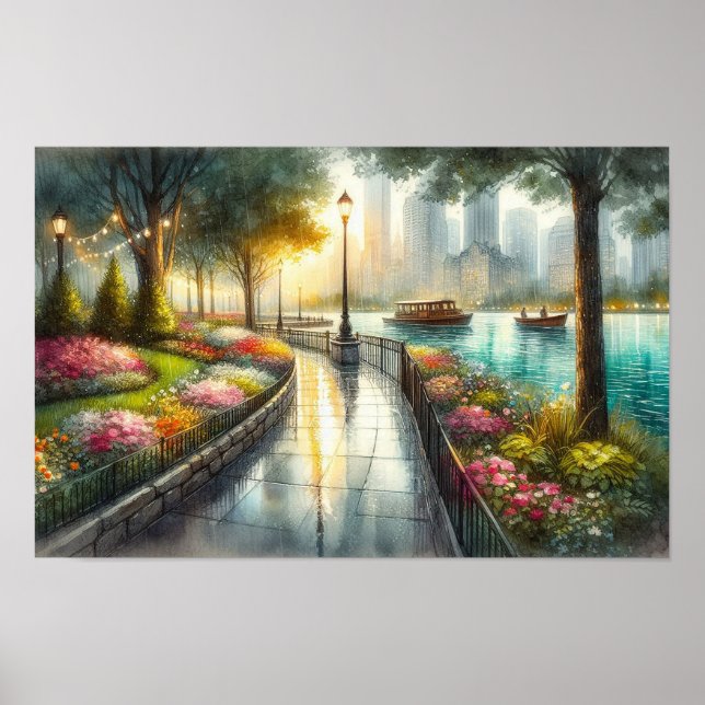 Affiche Scène de parc pluvieux à l'aquarelle (Devant)