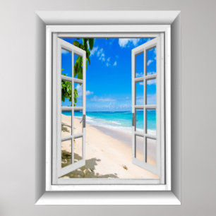Affiche Scène de plage 3D réaliste vue de fenêtre factice