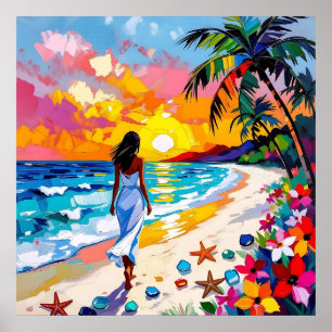 Affiche Scène de plage abstraite au coucher du soleil vibr