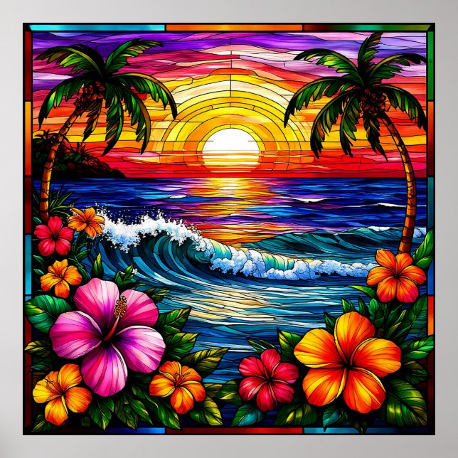 Affiche Scène de plage au coucher du soleil tropical avec  (Devant)
