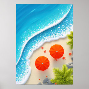 Affiche scène de plage estivale avec parasols orange et oc