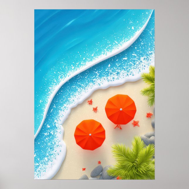Affiche scène de plage estivale avec parasols orange et oc (Devant)