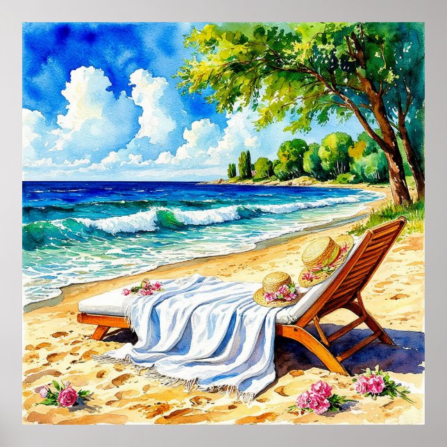 Affiche Scène de plage relaxante avec chaise longue (Devant)