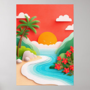 Affiche Scène de plage tropicale avec des palmiers et des