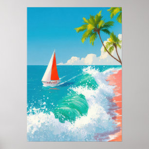 Affiche scène de plage tropicale avec voilier et vagues