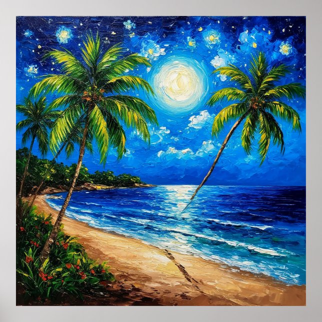 Affiche Scène de plage tropicale nocturne avec palmiers (Devant)