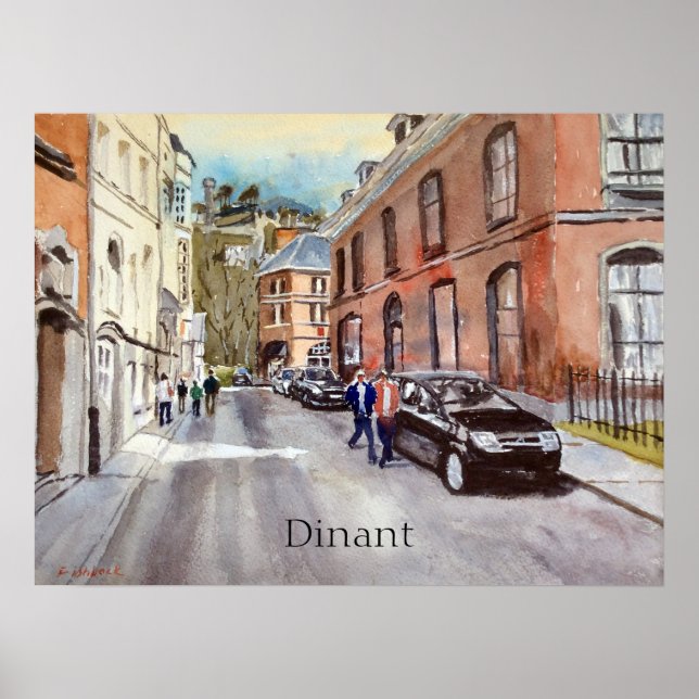 Affiche Scène de rue à Dinant en Belgique, aquarelle (Devant)