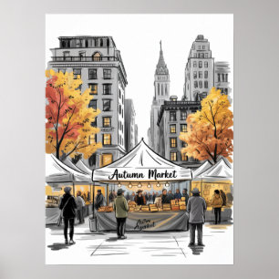 Affiche Scène de rue du marché d'automne à NYC avec des ar