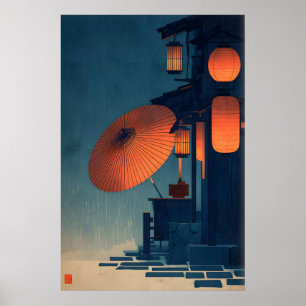 Affiche Scène de rue pluvieuse la nuit avec lanterne japon