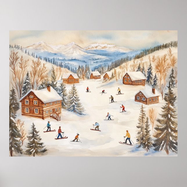 Affiche Scène de skieurs vintage en hiver (Devant)