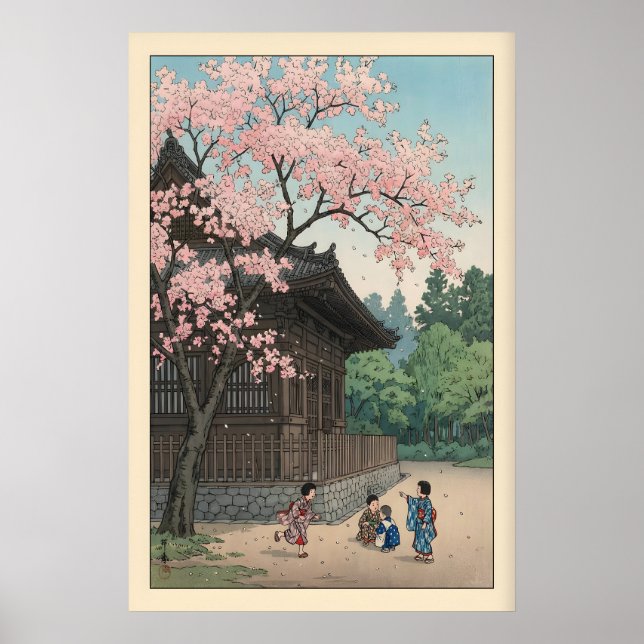 Affiche Scène de temple printanier Sakura Jiin avec enfant (Devant)