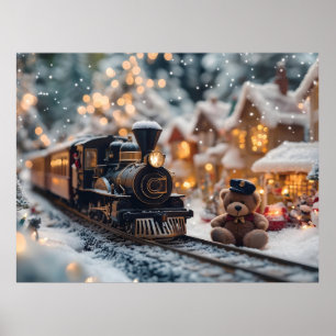 Affiche Scène de train de Noël magique avec ours en peluch