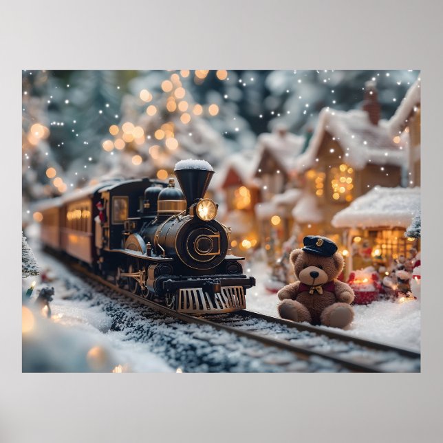 Affiche Scène de train de Noël magique avec ours en peluch (Devant)