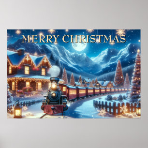 Affiche Scène de train de vacances d'hiver enneigée magiqu
