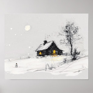 Affiche Scène de vacances d'hiver cosy avec bonhomme de ne
