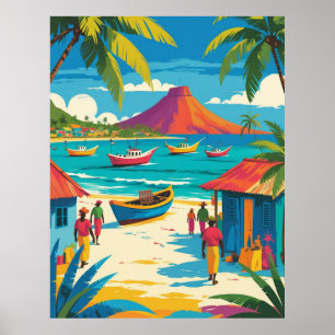 Affiche Scène de vie d'île des Caraïbes des années 1950 
