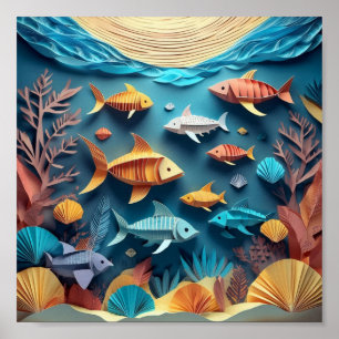 Affiche Scène de vie marine en origami en 3D en papier art