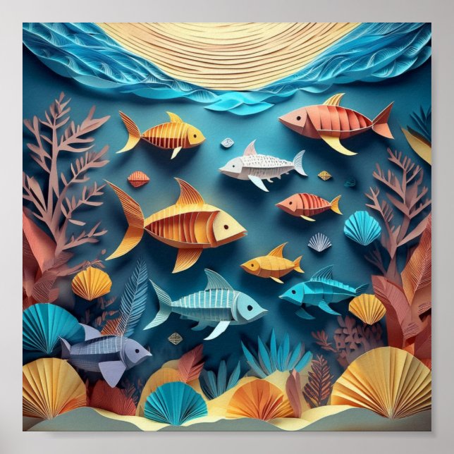 Affiche Scène de vie marine en origami en art de papier 3D (Devant)