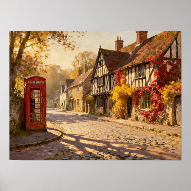 Affiche Scène de village automnal dans une lumière dorée (Devant)